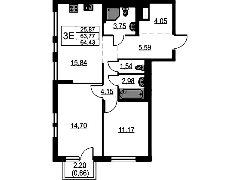 2-комнатная квартира 64.43 м², 10/17 эт., ЖК «Невская Долина»